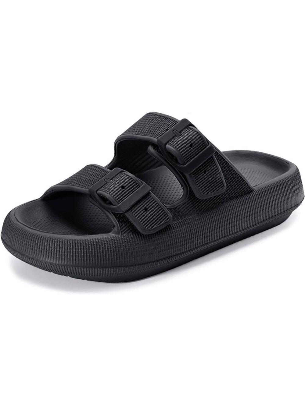 Women's Black Pillow Adjustable Width Design Double Buckle Flat Slides Slippers